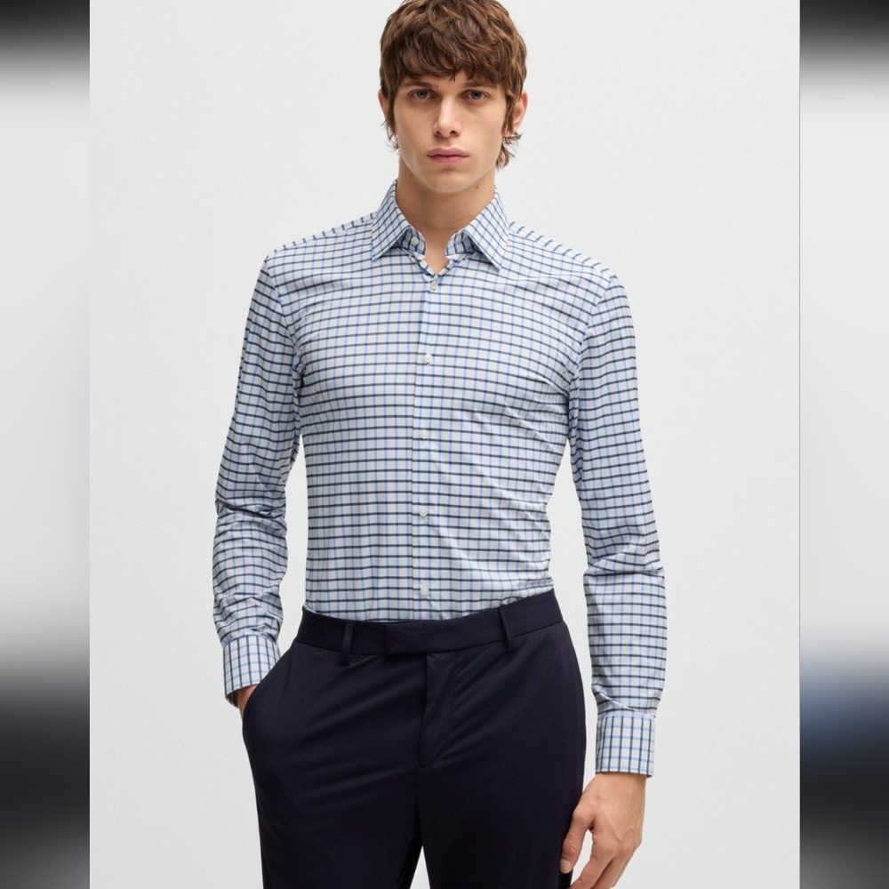 Hugo Boss Light Blue Checkered Button Down Twill Cotton Dress Shirt M